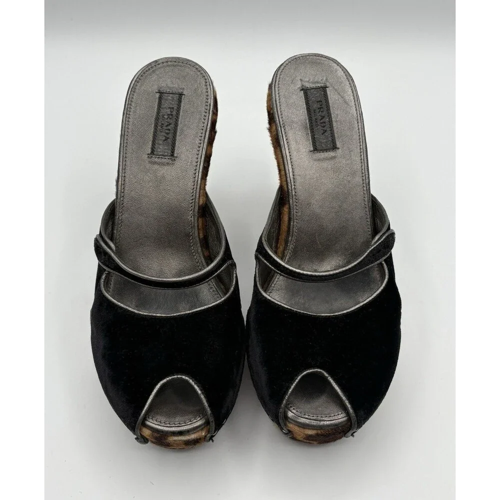 Prada Leopard Print Calf Hair Wedges Black Cut-Out & Stud Details Y2K Sz EU 36.5